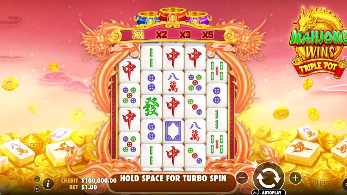 Tampilan visual slot Mahjong Wins Triple Pot dengan simbol naga dan ubin mahjong